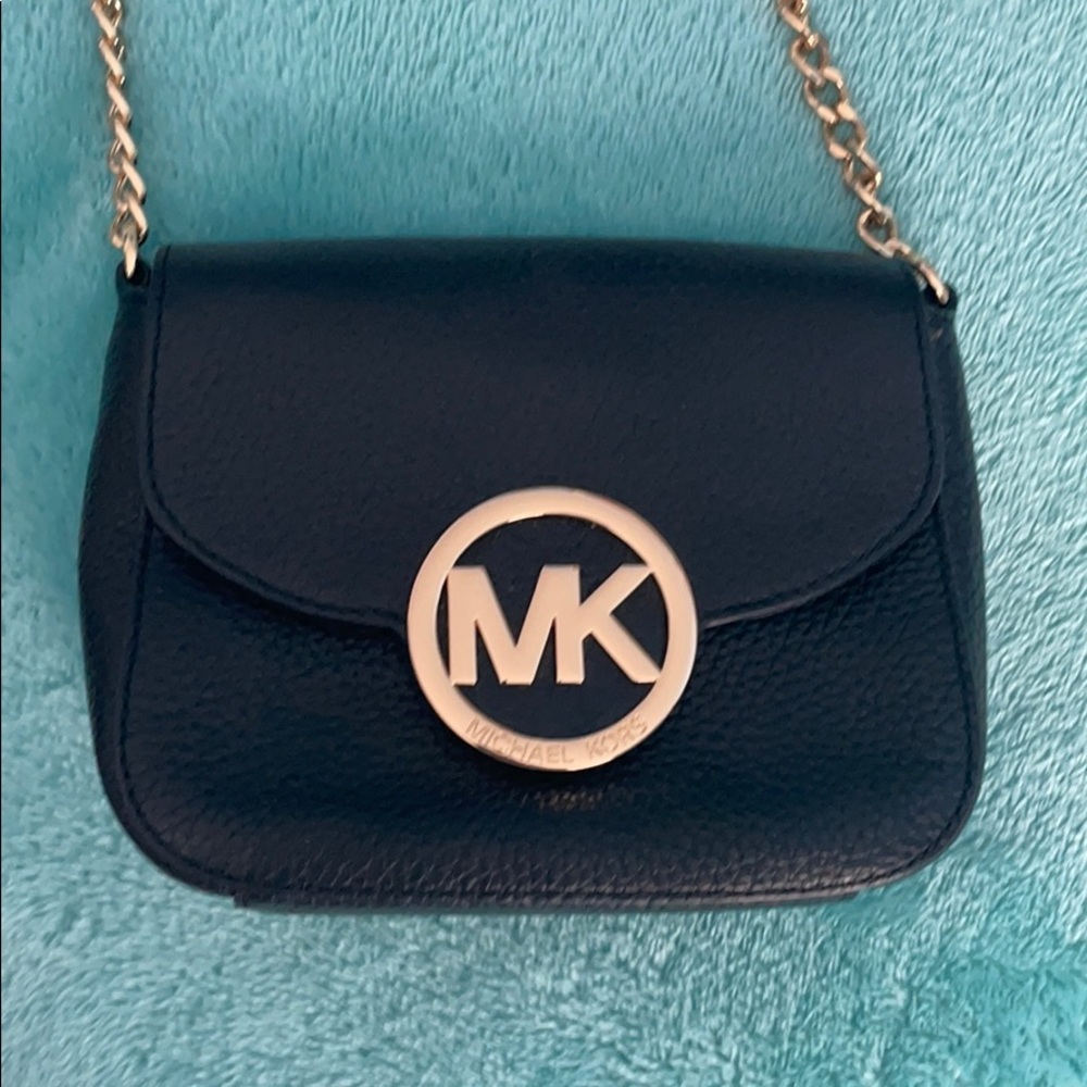 Michael Kors Black Leather Crossbody with Gold MK Medallion